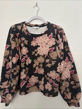 Floral Puff-Sleeve Sweatshirt - Black Pink Tan